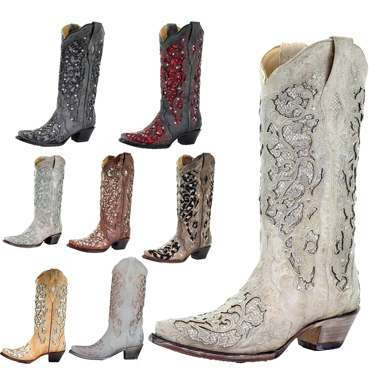 Embroidered Pointed Toe Knee High Boots with Sequin Detail - Stylish & Chic Footwear