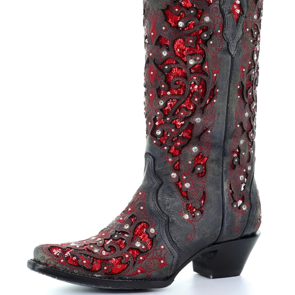 Embroidered Pointed Toe Knee High Boots with Sequin Detail - Stylish & Chic Footwear