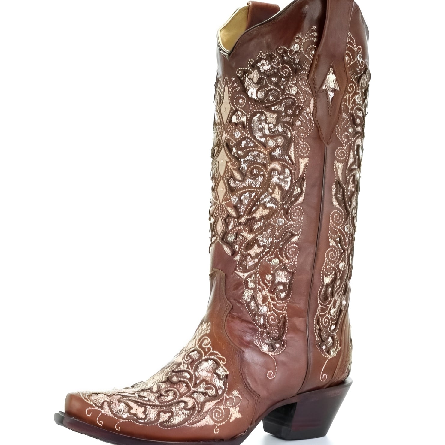 Embroidered Pointed Toe Knee High Boots with Sequin Detail - Stylish & Chic Footwear