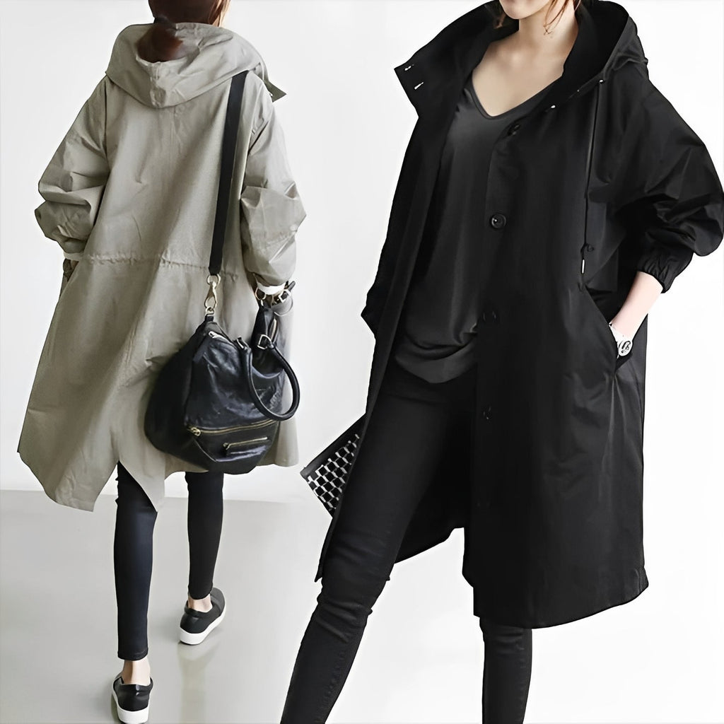 Women's Waterproof Long Hooded Raincoat with Adjustable Waist Belt - Stylish & Functional Outerwear
