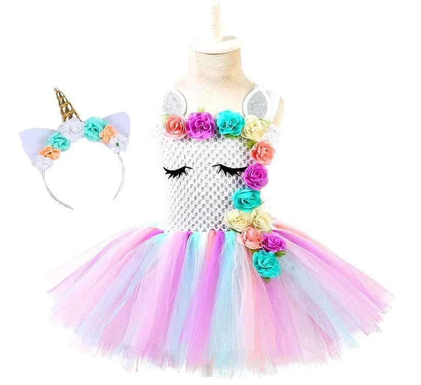 Girls' Unicorn Tulle Dress with Matching Headband - Enchanting Fairy Tale Outfit