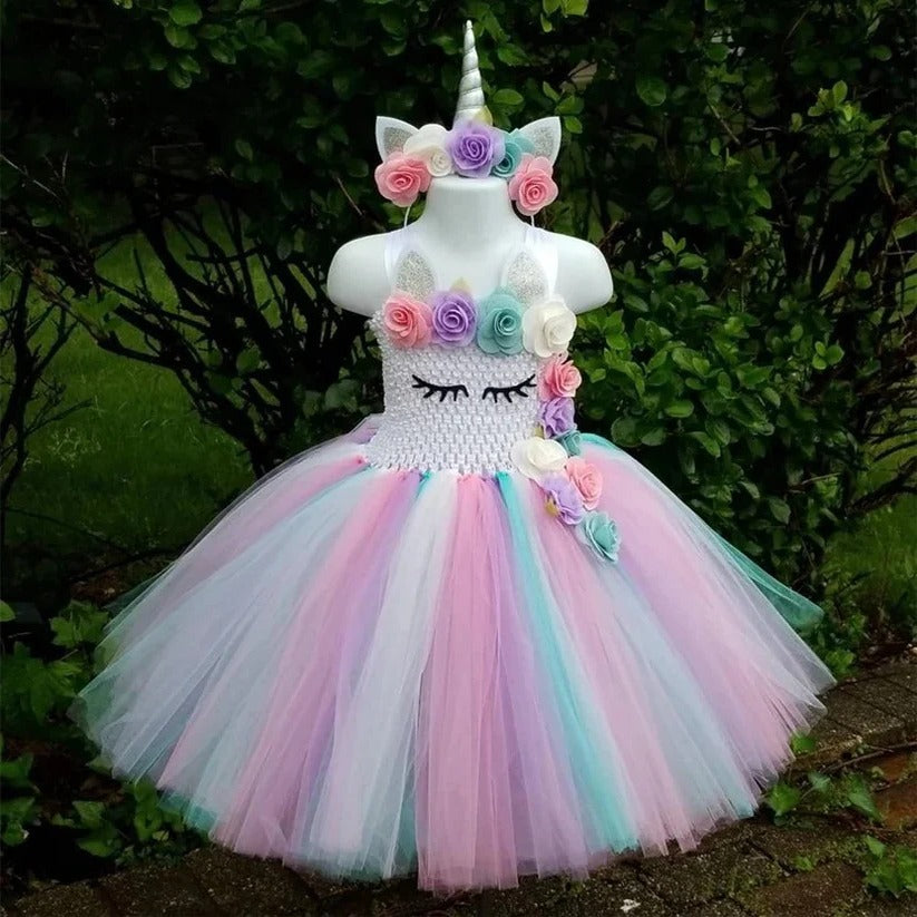 Girls' Unicorn Tulle Dress with Matching Headband - Enchanting Fairy Tale Outfit
