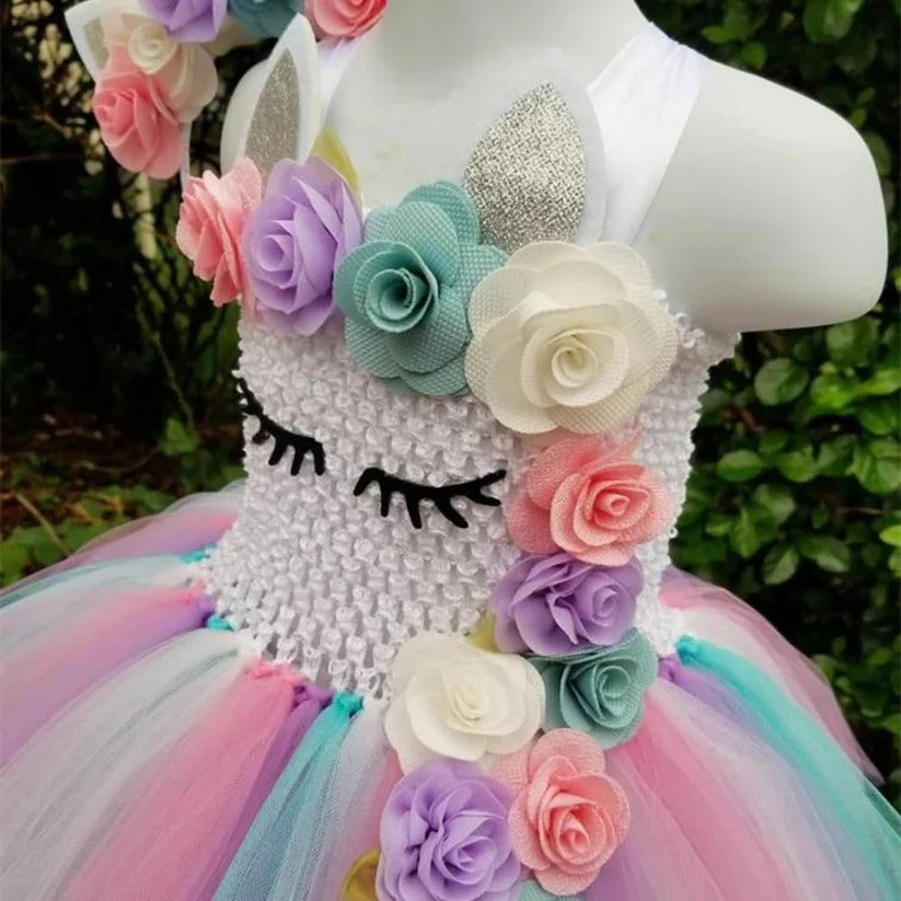 Girls' Unicorn Tulle Dress with Matching Headband - Enchanting Fairy Tale Outfit
