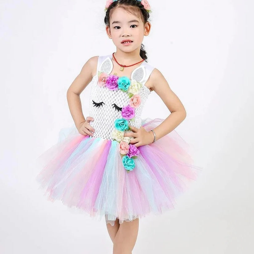 Girls' Unicorn Tulle Dress with Matching Headband - Enchanting Fairy Tale Outfit