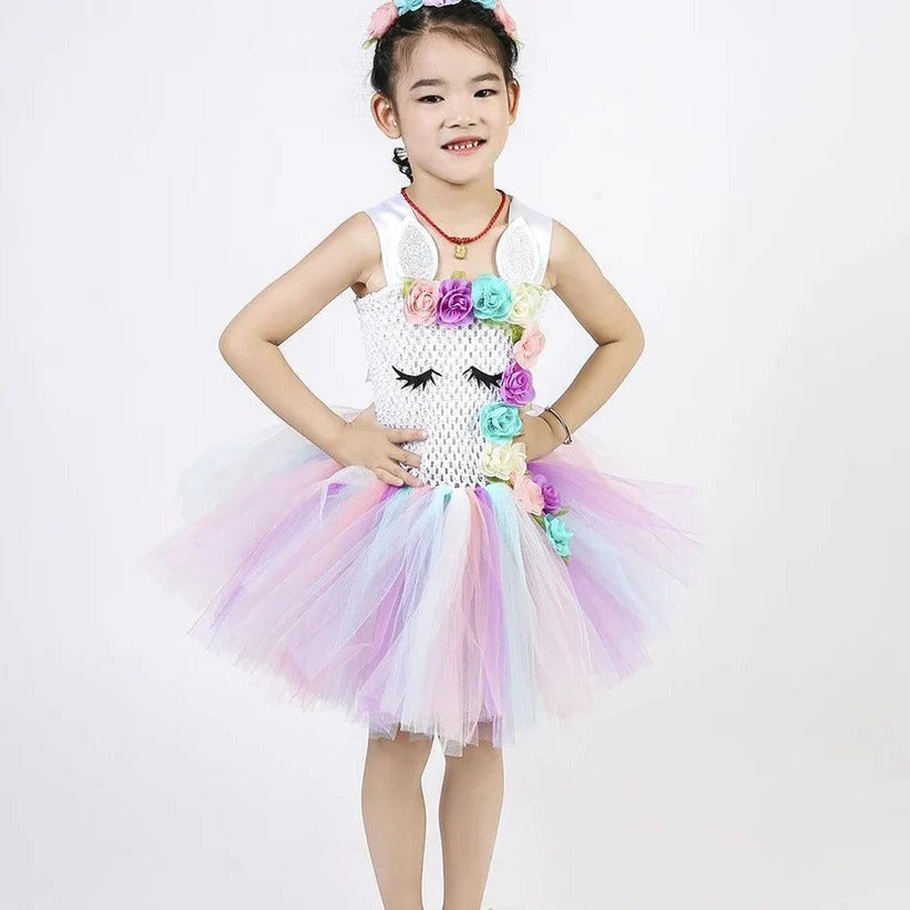 Girls' Unicorn Tulle Dress with Matching Headband - Enchanting Fairy Tale Outfit