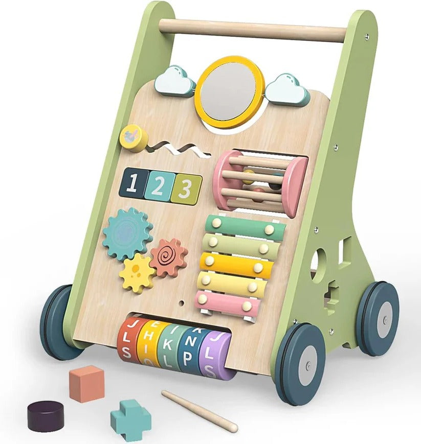 Adjustable Wheel Resistance Wooden Activity Walker for Toddlers - Safe & Sturdy Developmental Toy
