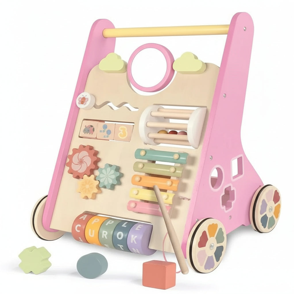 Adjustable Wheel Resistance Wooden Activity Walker for Toddlers - Safe & Sturdy Developmental Toy
