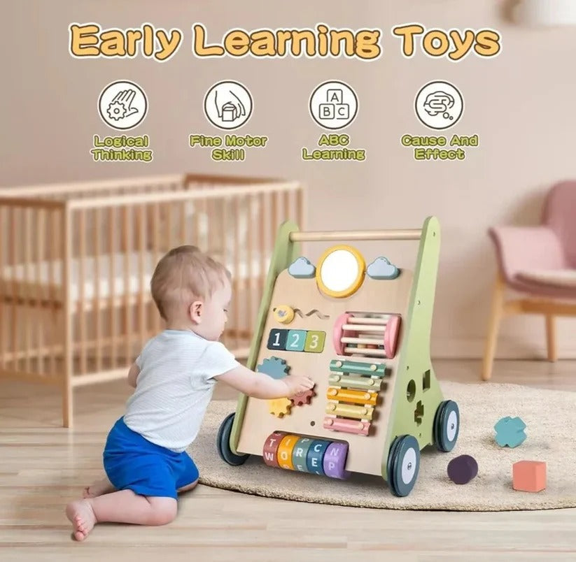 Adjustable Wheel Resistance Wooden Activity Walker for Toddlers - Safe & Sturdy Developmental Toy
