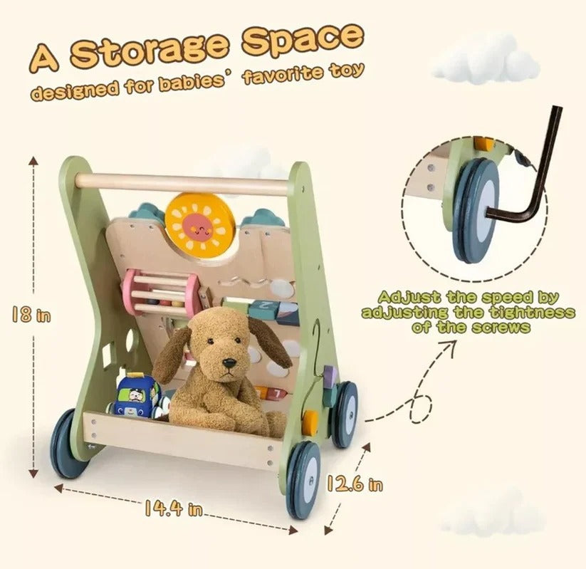 Adjustable Wheel Resistance Wooden Activity Walker for Toddlers - Safe & Sturdy Developmental Toy