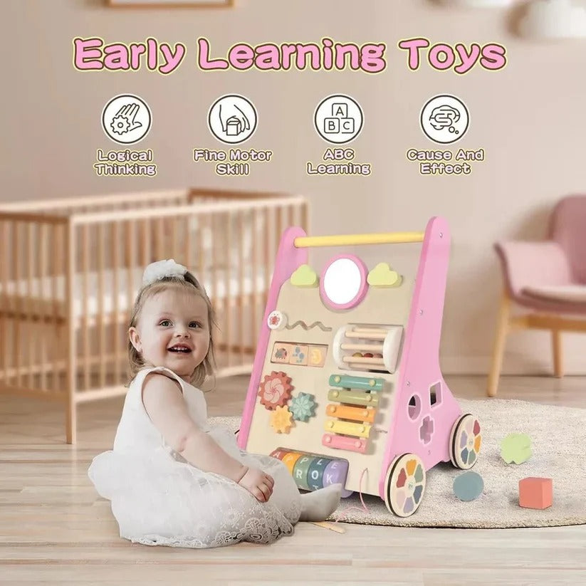 Adjustable Wheel Resistance Wooden Activity Walker for Toddlers - Safe & Sturdy Developmental Toy