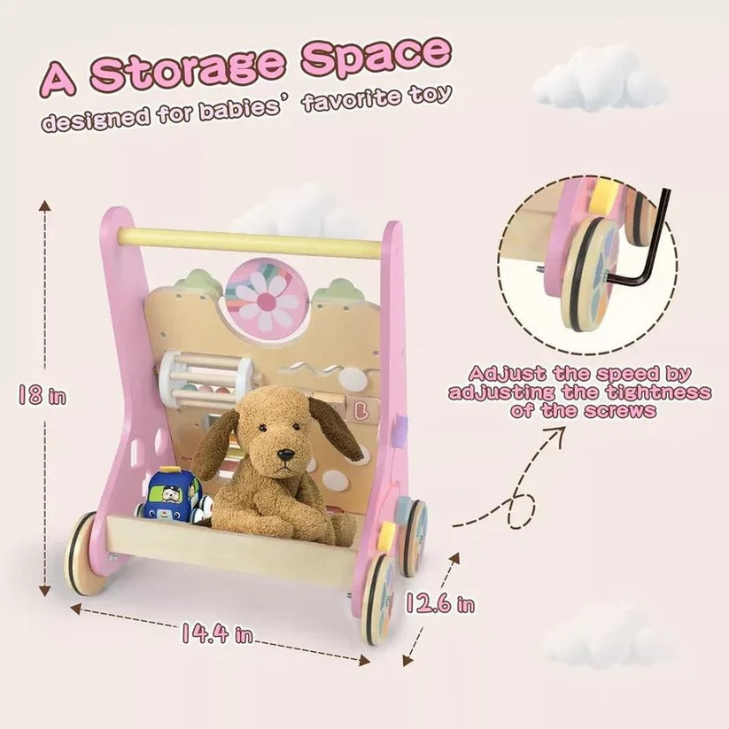 Adjustable Wheel Resistance Wooden Activity Walker for Toddlers - Safe & Sturdy Developmental Toy