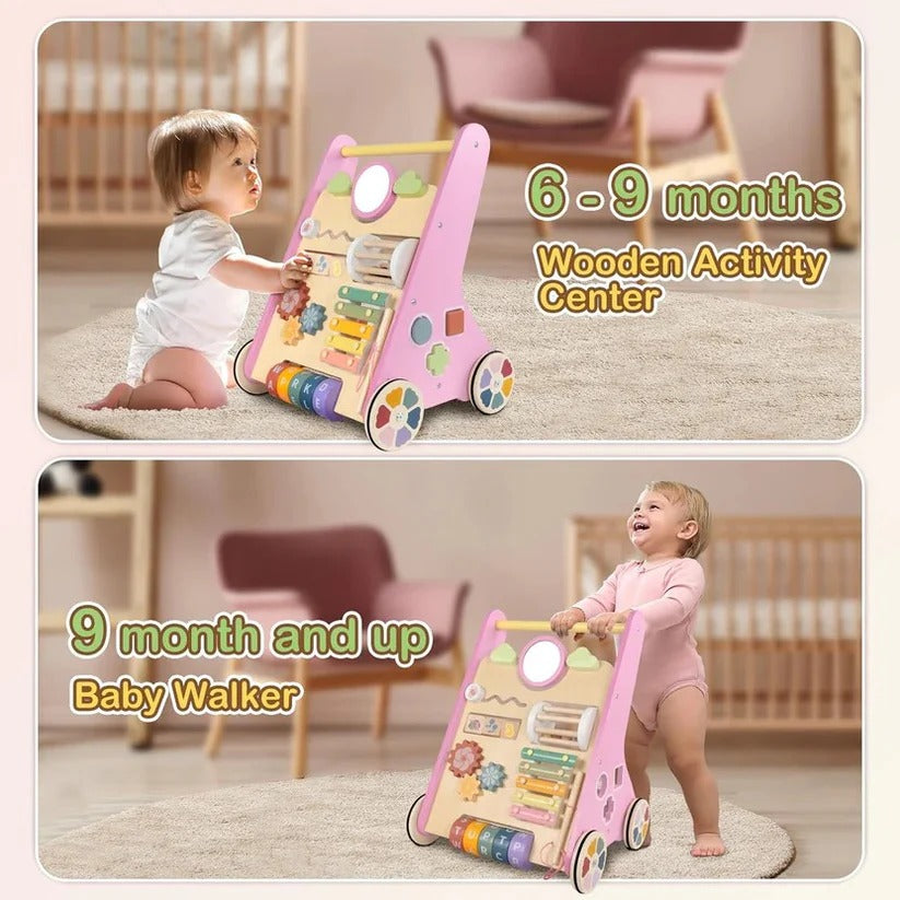 Adjustable Wheel Resistance Wooden Activity Walker for Toddlers - Safe & Sturdy Developmental Toy