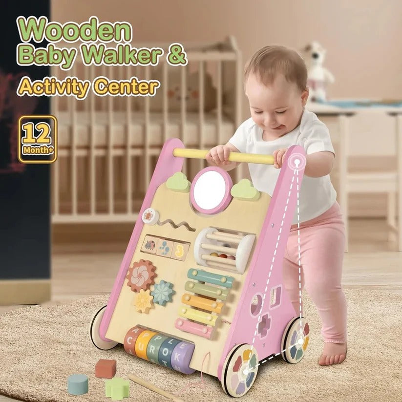 Adjustable Wheel Resistance Wooden Activity Walker for Toddlers - Safe & Sturdy Developmental Toy