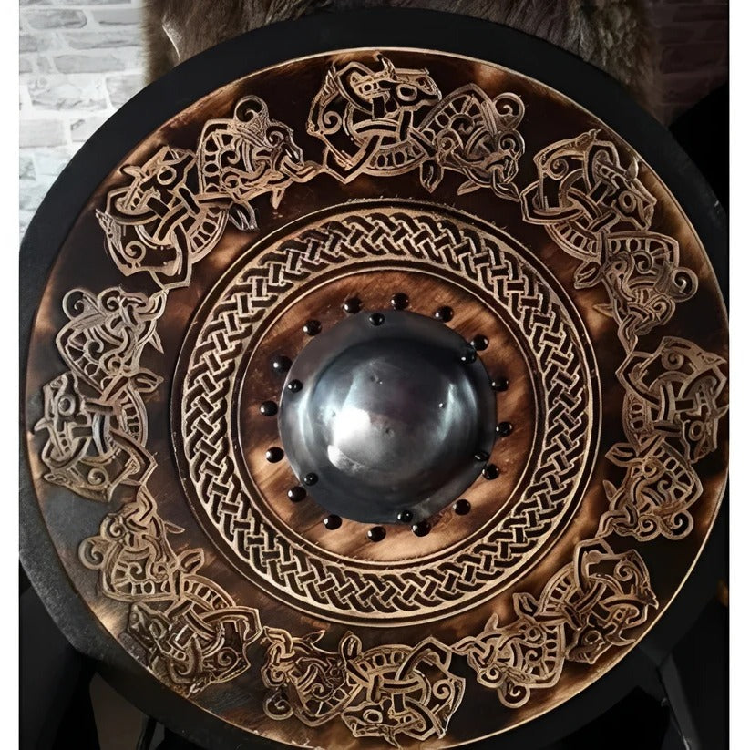 Medieval Round Wooden Shield - Intricate Design Patterns for Authentic Historical Reenactments