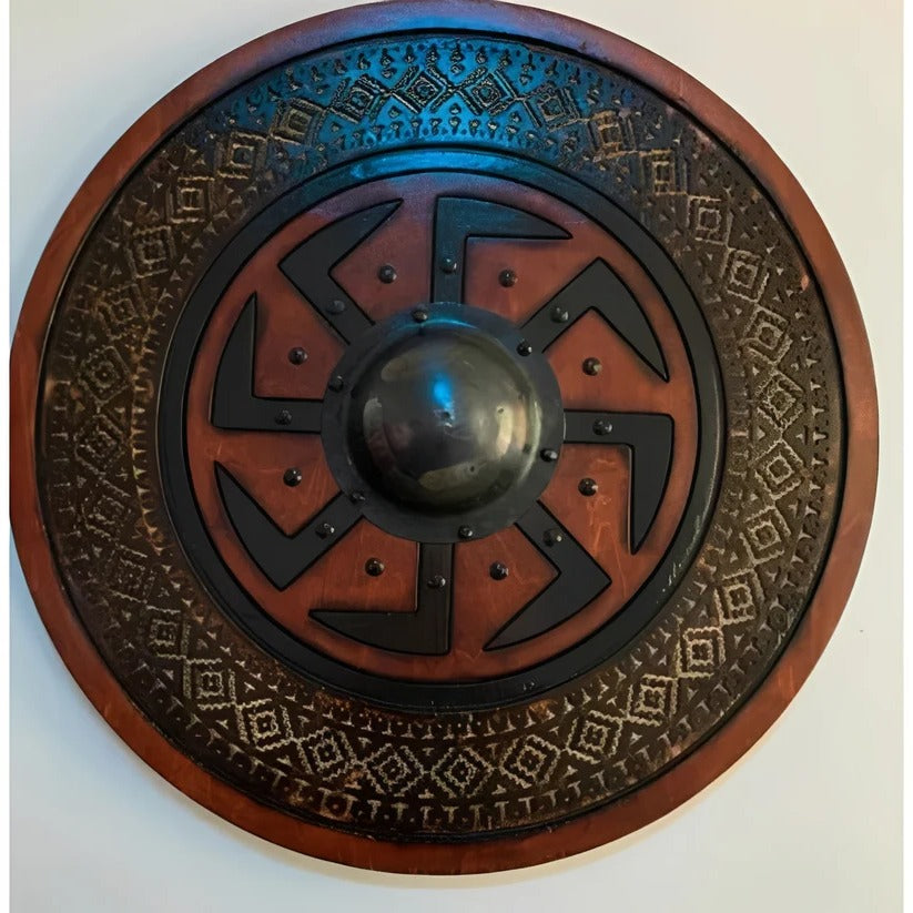 Medieval Round Wooden Shield - Intricate Design Patterns for Authentic Historical Reenactments