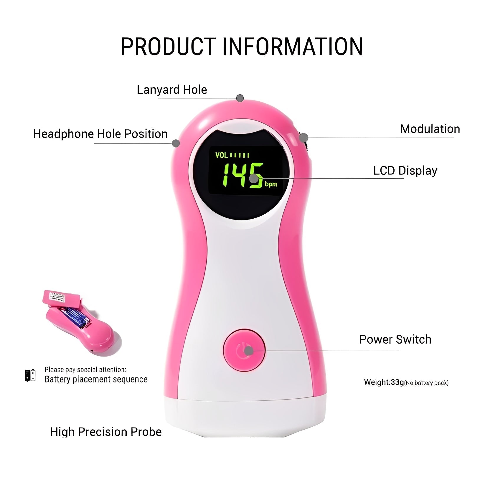 Portable Handheld Fetal Doppler Monitor with LCD Display & Headphone Output - Prenatal Heartbeat Listener
