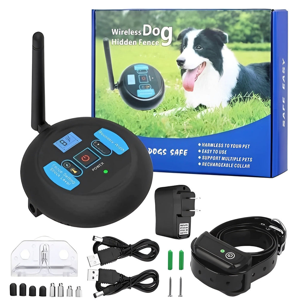 Wireless Dog Boundary System with Remote Training Control - Adjustable Range, Waterproof Collar, and Rechargeable Battery