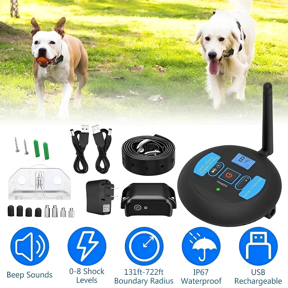 Wireless Dog Boundary System with Remote Training Control - Adjustable Range, Waterproof Collar, and Rechargeable Battery