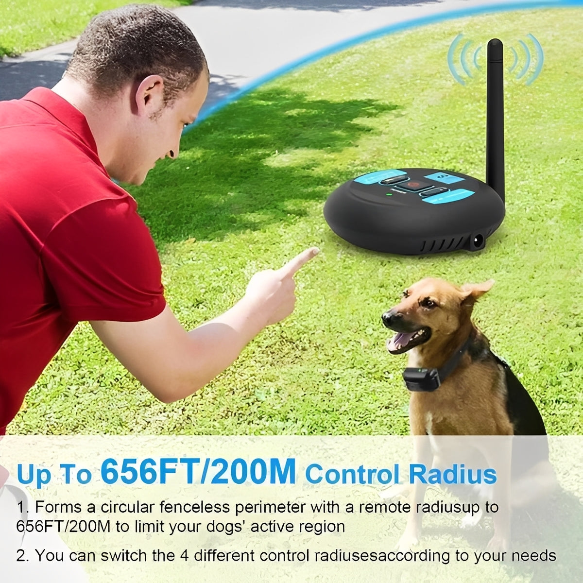 Wireless Dog Boundary System with Remote Training Control - Adjustable Range, Waterproof Collar, and Rechargeable Battery
