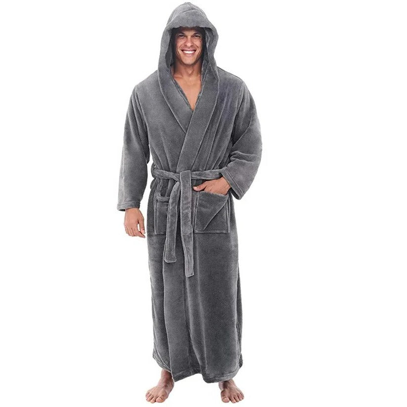 Men's Hooded Fleece Bathrobe with Plush Pockets - Cozy and Comfortable Lounge Wear
