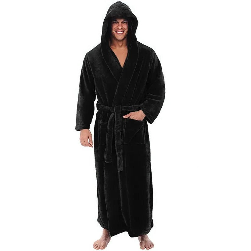 Men's Hooded Fleece Bathrobe with Plush Pockets - Cozy and Comfortable Lounge Wear