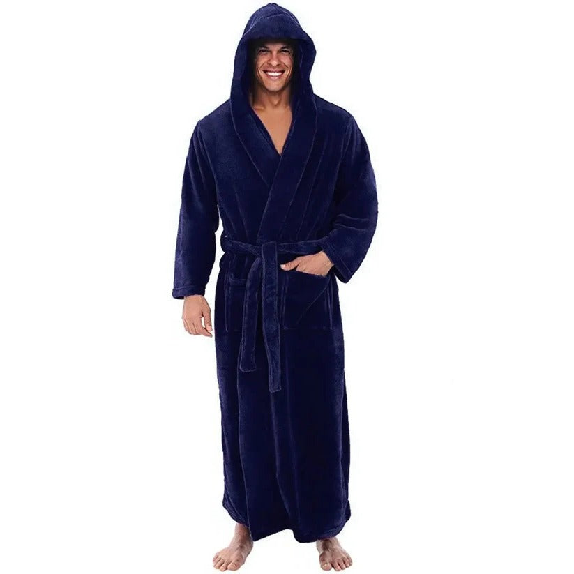 Men's Hooded Fleece Bathrobe with Plush Pockets - Cozy and Comfortable Lounge Wear