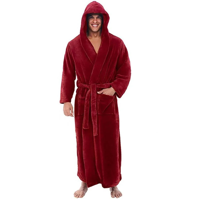 Men's Hooded Fleece Bathrobe with Plush Pockets - Cozy and Comfortable Lounge Wear