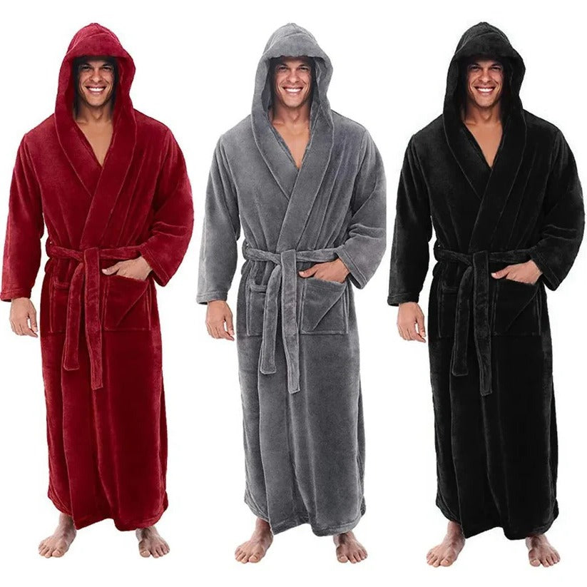 Men's Hooded Fleece Bathrobe with Plush Pockets - Cozy and Comfortable Lounge Wear