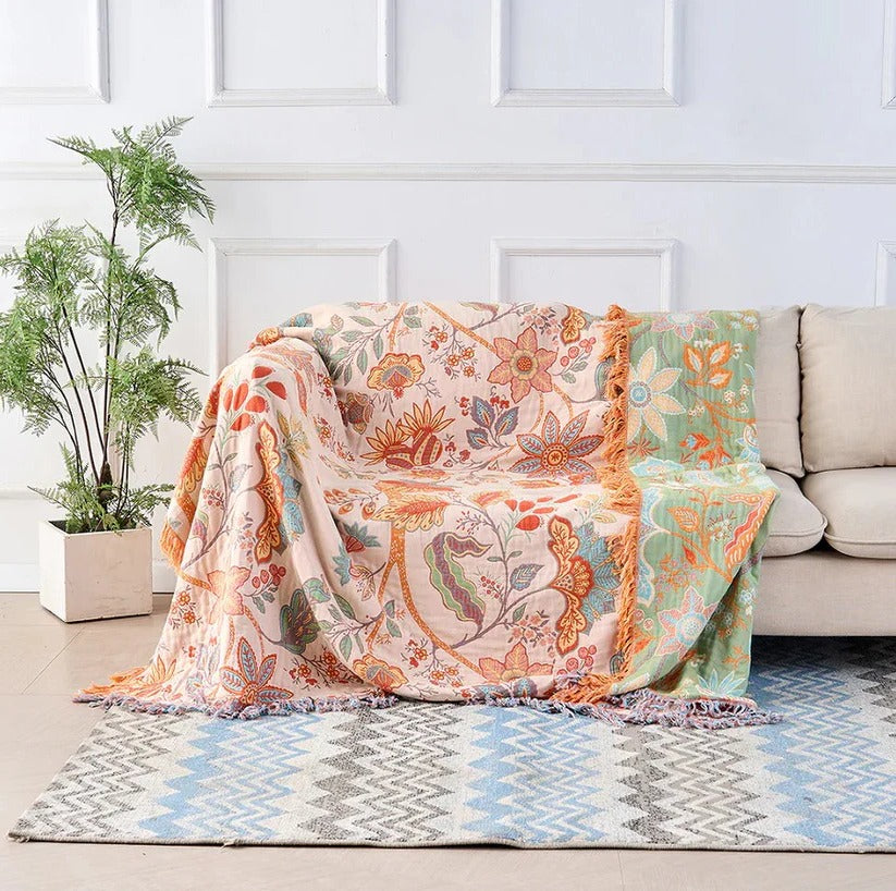 Boho Floral Cotton Blanket - Stylish Decorative Pattern for Cozy Home Decor