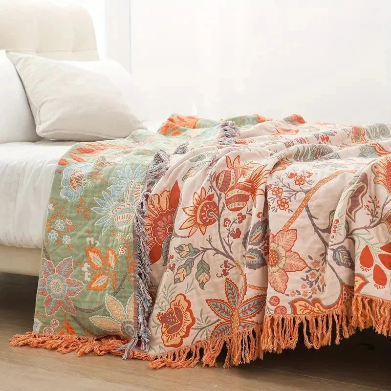 Boho Floral Cotton Blanket - Stylish Decorative Pattern for Cozy Home Decor