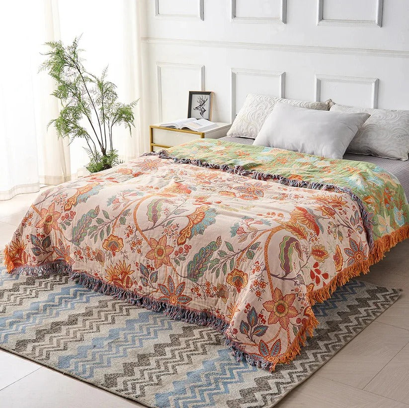Boho Floral Cotton Blanket - Stylish Decorative Pattern for Cozy Home Decor