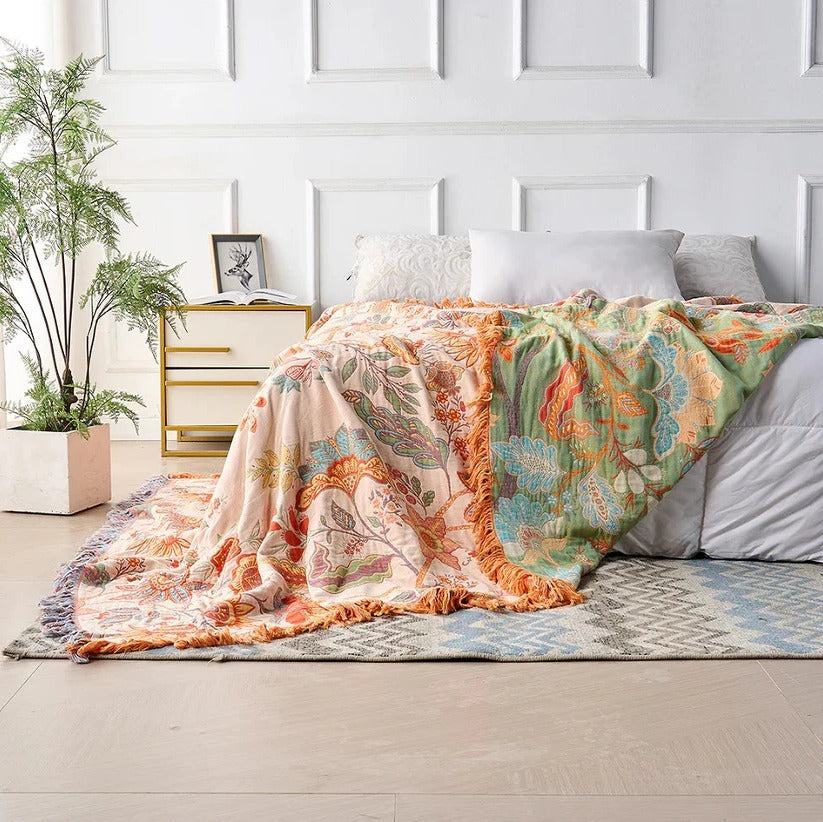 Boho Floral Cotton Blanket - Stylish Decorative Pattern for Cozy Home Decor