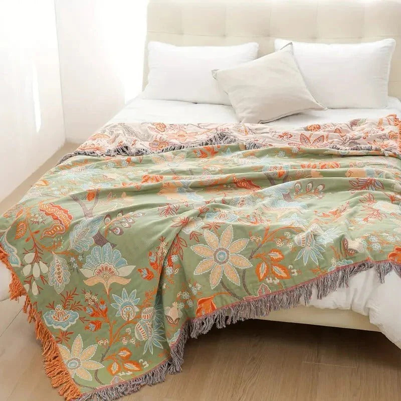 Boho Floral Cotton Blanket - Stylish Decorative Pattern for Cozy Home Decor