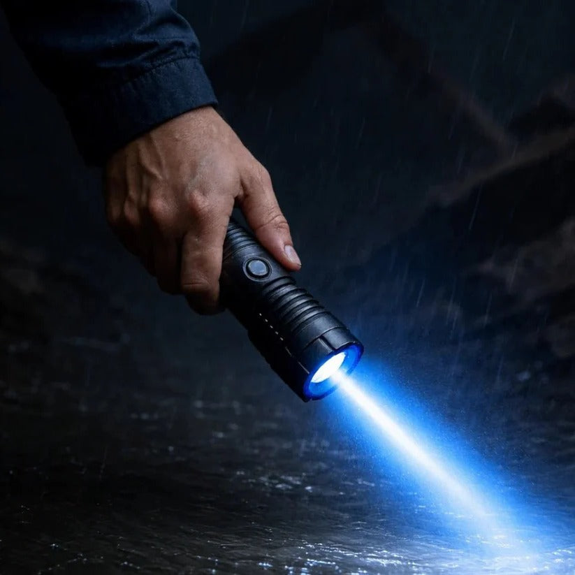 Rechargeable Adjustable Focus Blue Beam Flashlight - High-Intensity LED, Waterproof, Portable & Lightweight