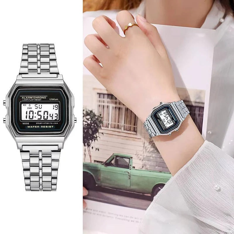 Retro Unisex Digital Watch with Stainless Steel Band & LED Display - Vintage Style Timepiece