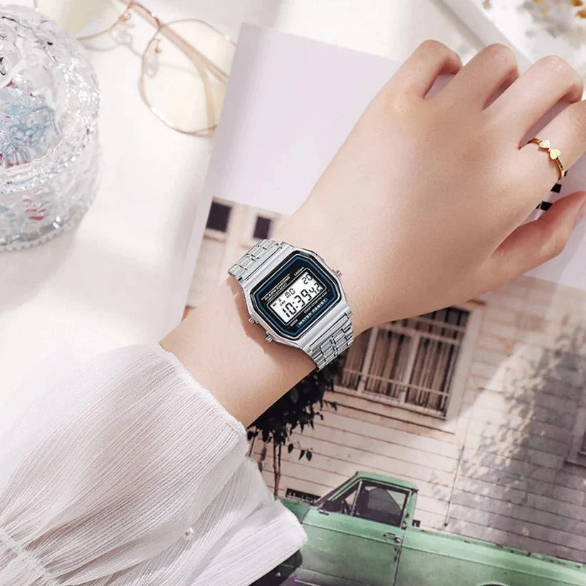 Retro Unisex Digital Watch with Stainless Steel Band & LED Display - Vintage Style Timepiece