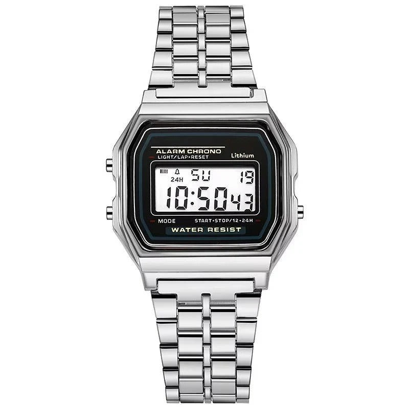 Retro Unisex Digital Watch with Stainless Steel Band & LED Display - Vintage Style Timepiece