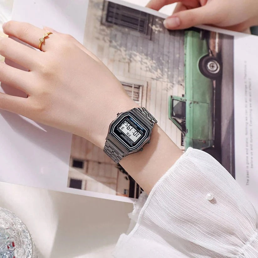 Retro Unisex Digital Watch with Stainless Steel Band & LED Display - Vintage Style Timepiece