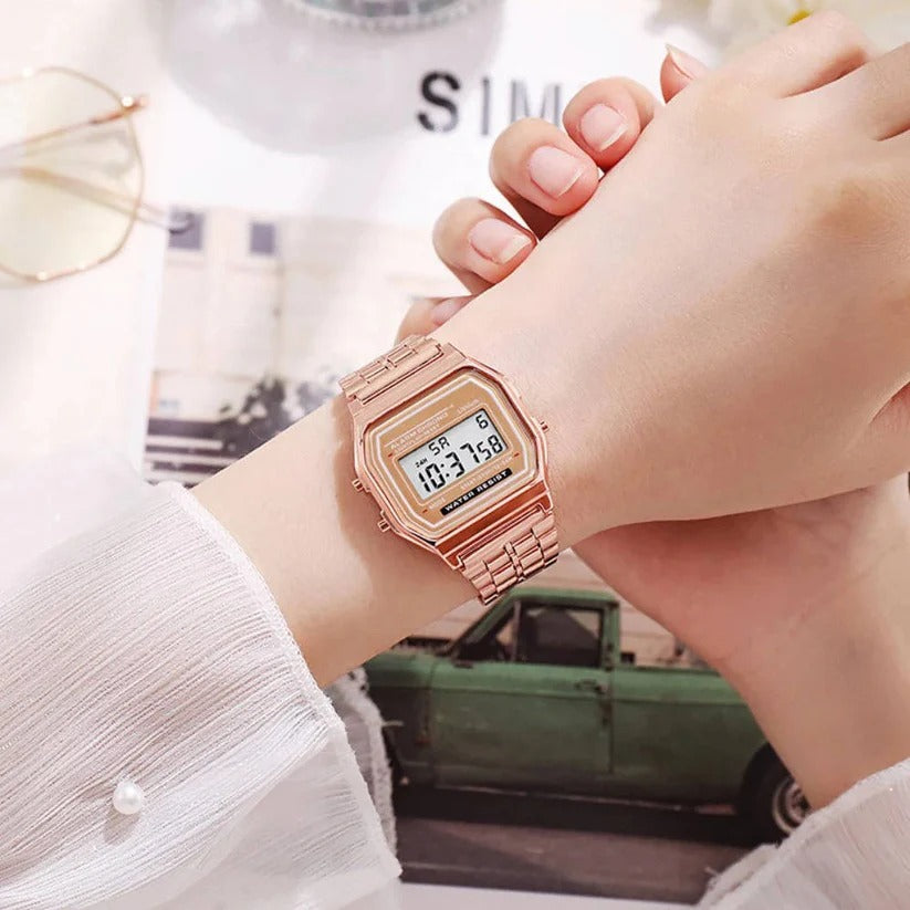 Retro Unisex Digital Watch with Stainless Steel Band & LED Display - Vintage Style Timepiece