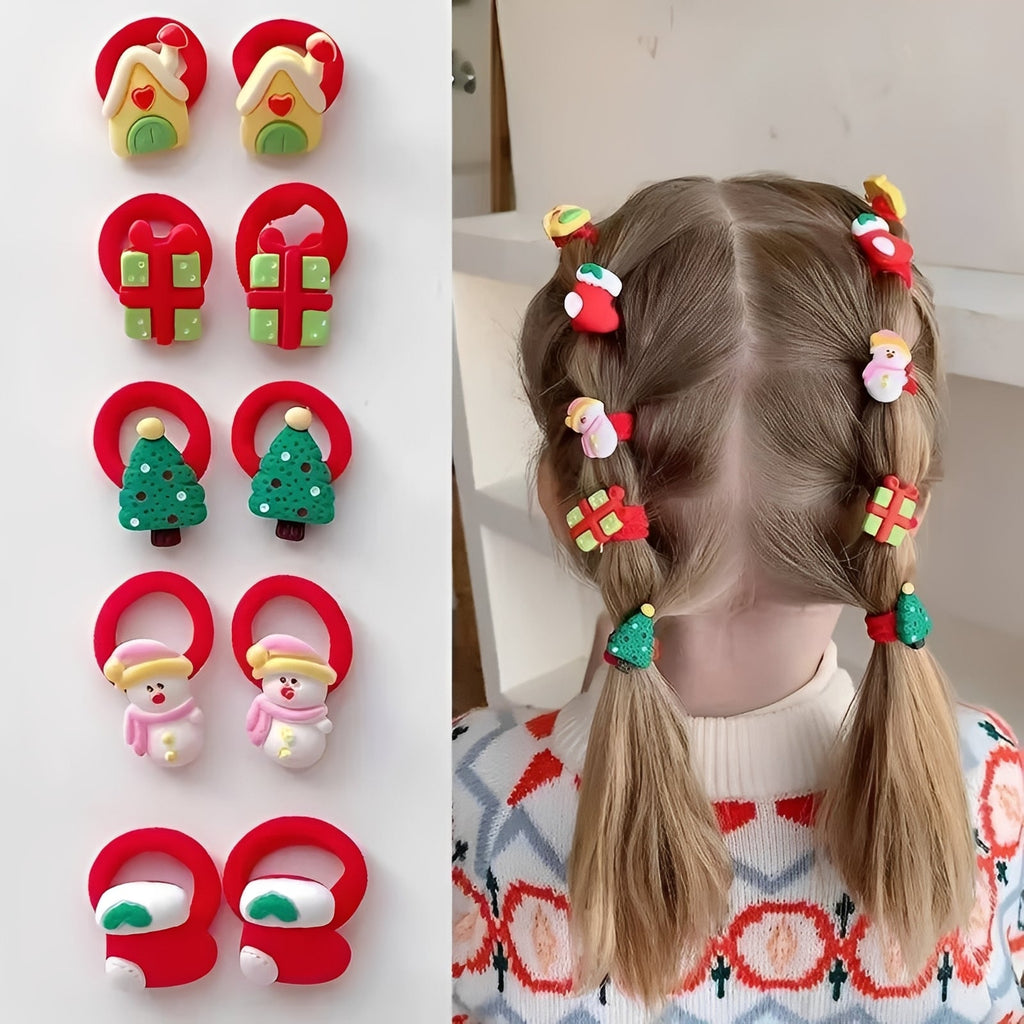 10-Piece Holiday Elastic Ponytail Hair Ties Set for Kids - Festive & Durable Hair Accessories