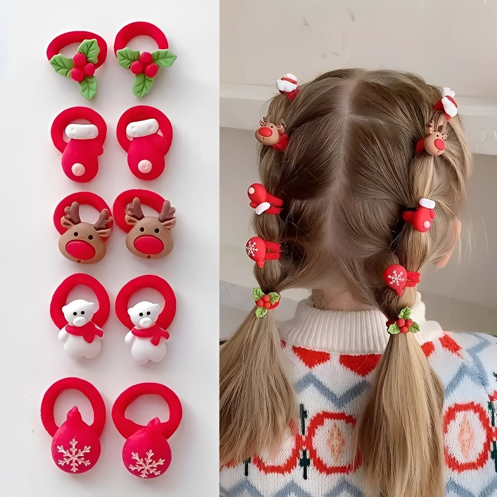 10-Piece Holiday Elastic Ponytail Hair Ties Set for Kids - Festive & Durable Hair Accessories