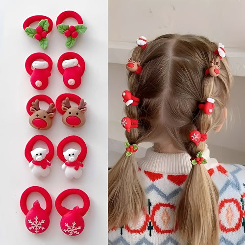 10-Piece Holiday Elastic Ponytail Hair Ties Set for Kids - Festive & Durable Hair Accessories
