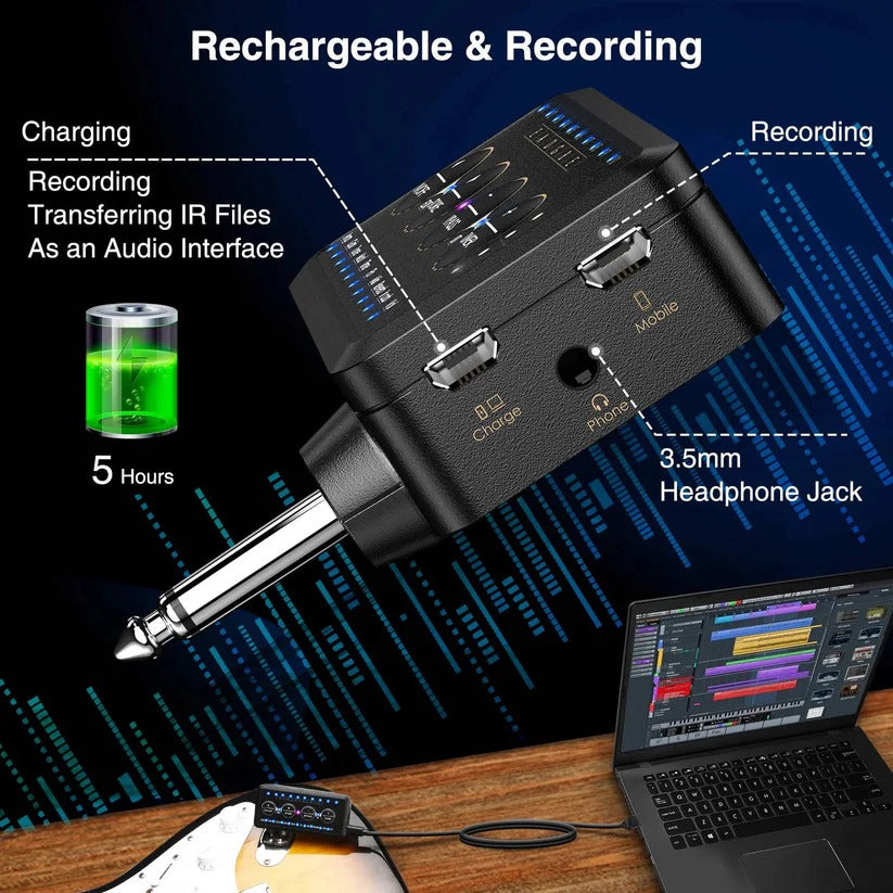 Compact Mini Headphone Guitar Amplifier with 10 Preamps & USB Recording - Perfect for Musicians