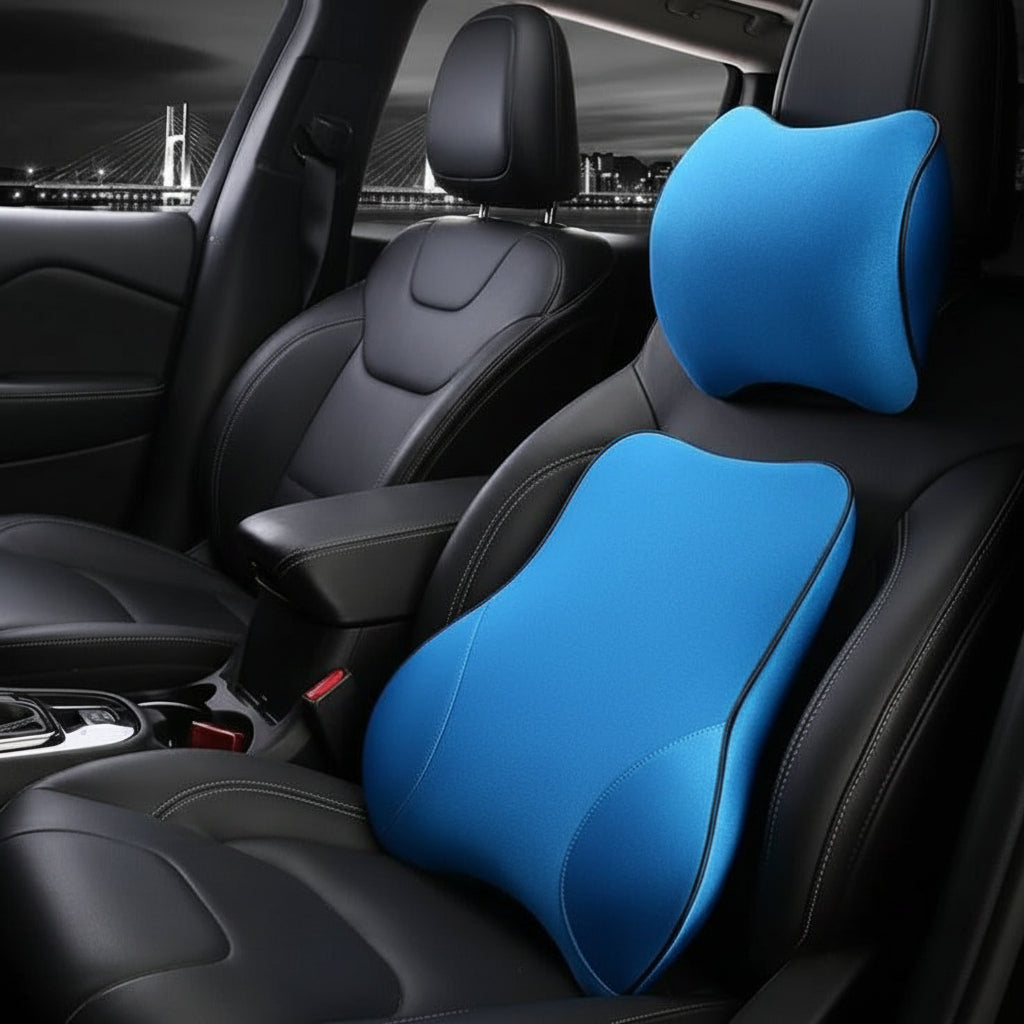 Memory Foam Car Seat Lumbar & Neck Support Cushion - Washable Cover for Ultimate Comfort