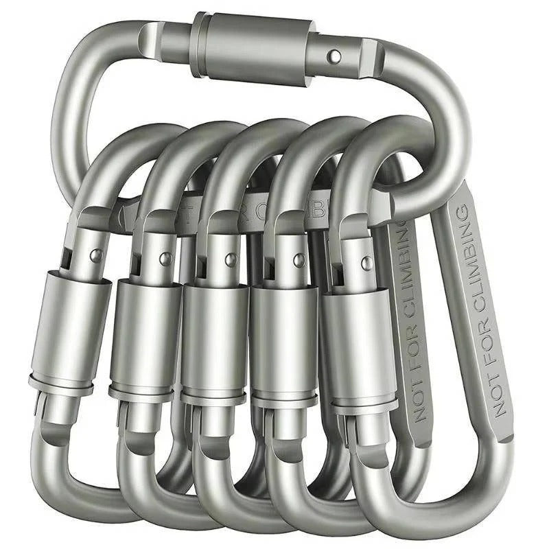 Set of 6 Aluminum D-Shape Carabiner Clips with Secure Screw Lock - Lightweight, Durable, Perfect for Outdoor Activities