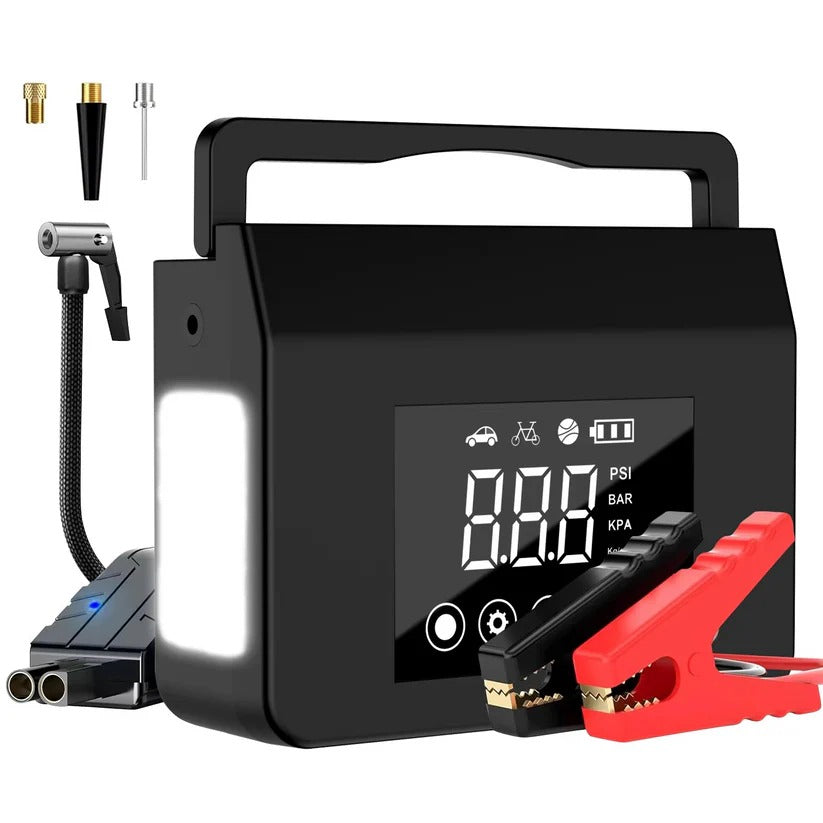 Portable Car Jump Starter with Built-In Tire Air Compressor & Digital Display - Compact Emergency Power Bank for Cars