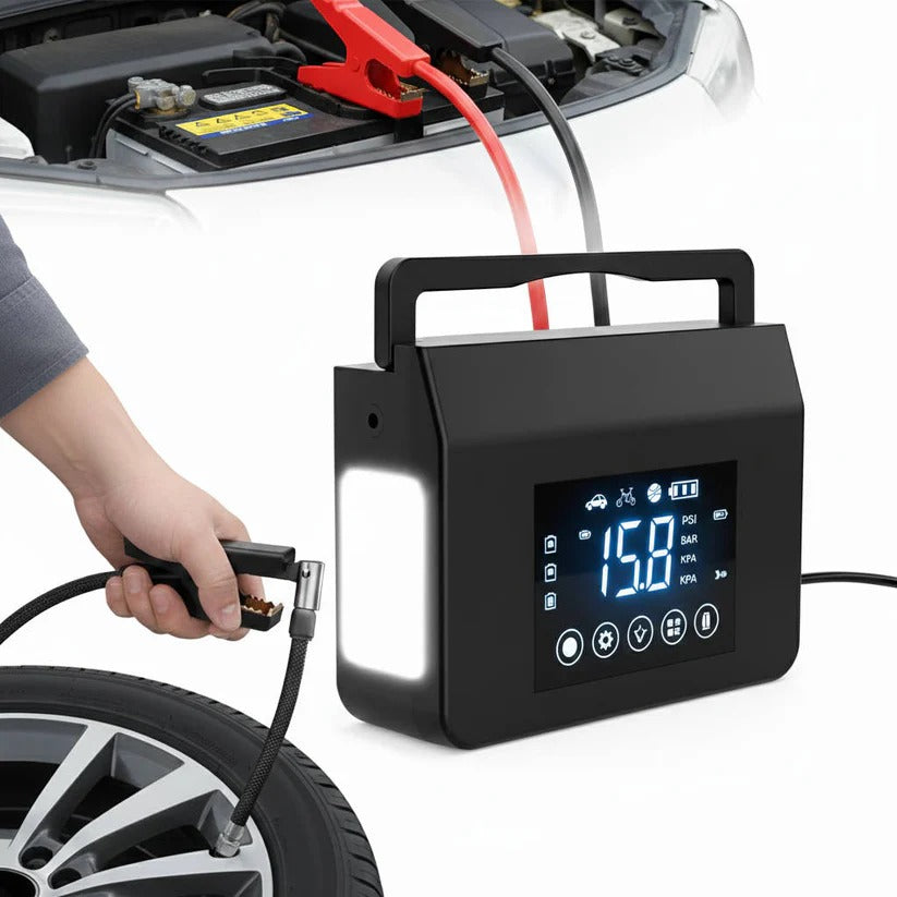 Portable Car Jump Starter with Built-In Tire Air Compressor & Digital Display - Compact Emergency Power Bank for Cars