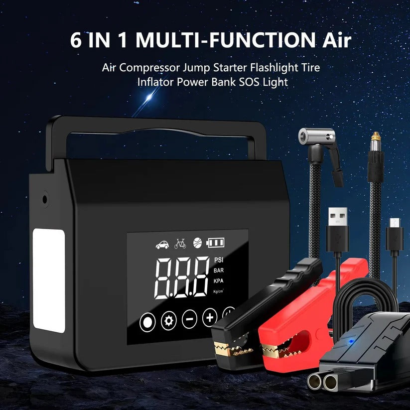 Portable Car Jump Starter with Built-In Tire Air Compressor & Digital Display - Compact Emergency Power Bank for Cars