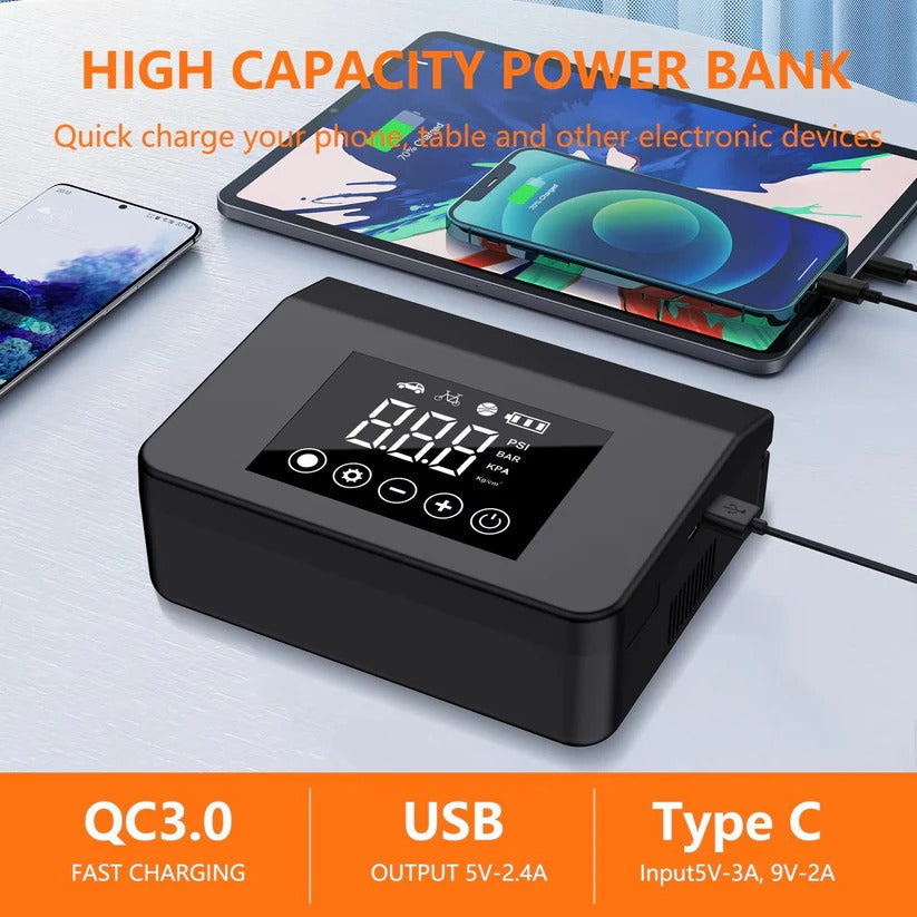 Portable Car Jump Starter with Built-In Tire Air Compressor & Digital Display - Compact Emergency Power Bank for Cars