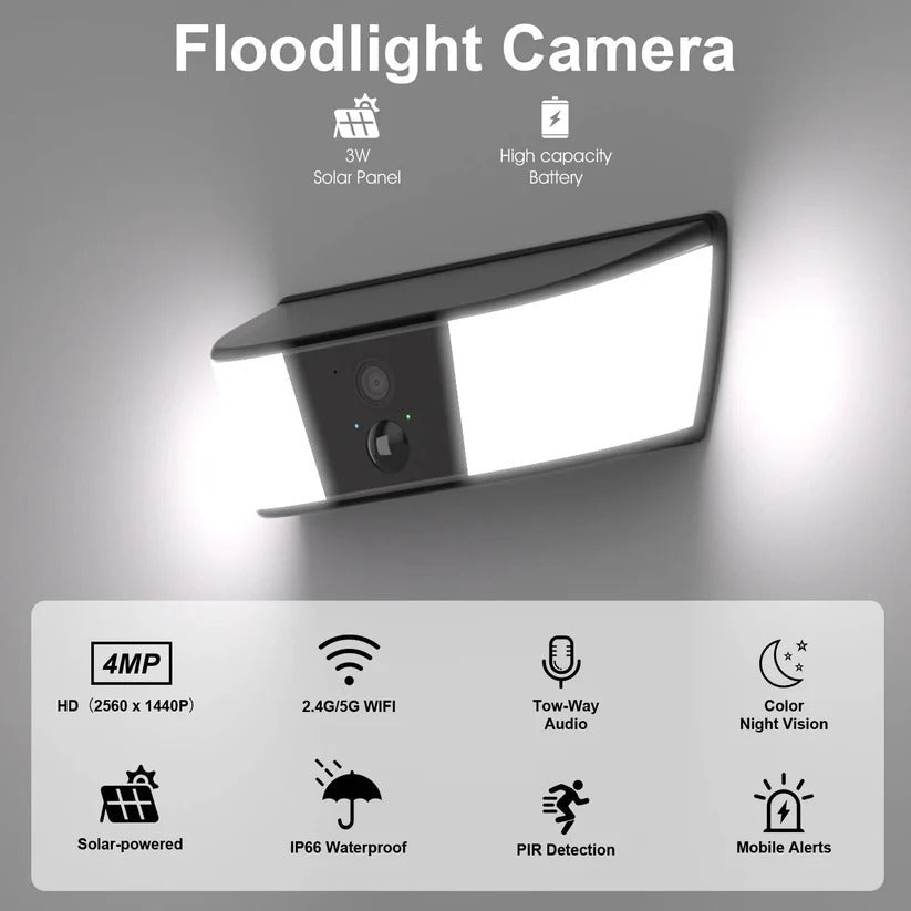 Wireless Solar-Powered Security Camera with Floodlight & PIR Motion Detection - Outdoor Surveillance Solution